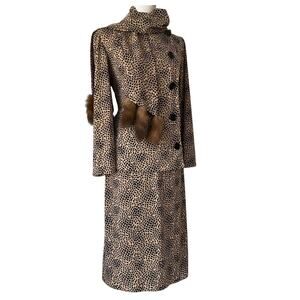 Vintage Womens Skirt Set Medium Jacket 60s 3 Piece Retro Dress Scarf Fur RARE